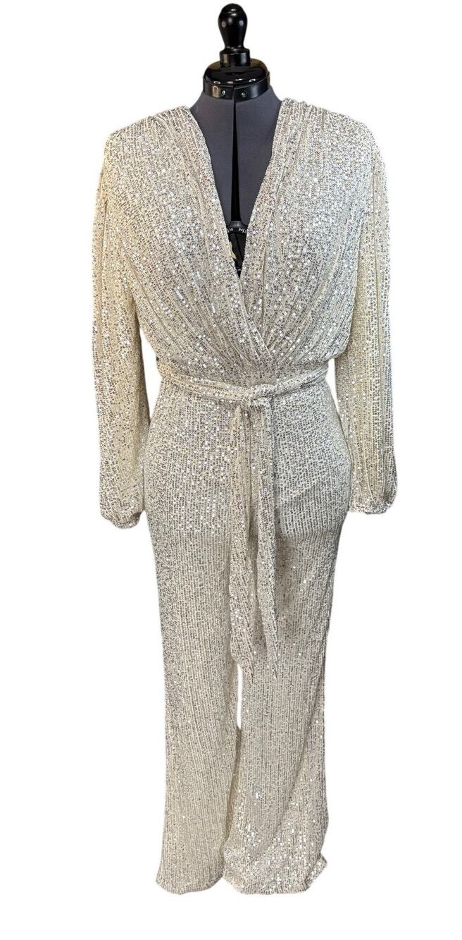 NWT Baltic Born Brussels Sequin Jumpsuit Ivory White Sparkly Holiday Sz L